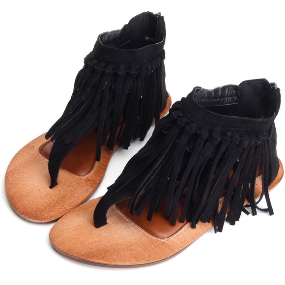 Black Suede Fringe Ankle Zip Up Brown Sole Sandals - Picture 13 of 16